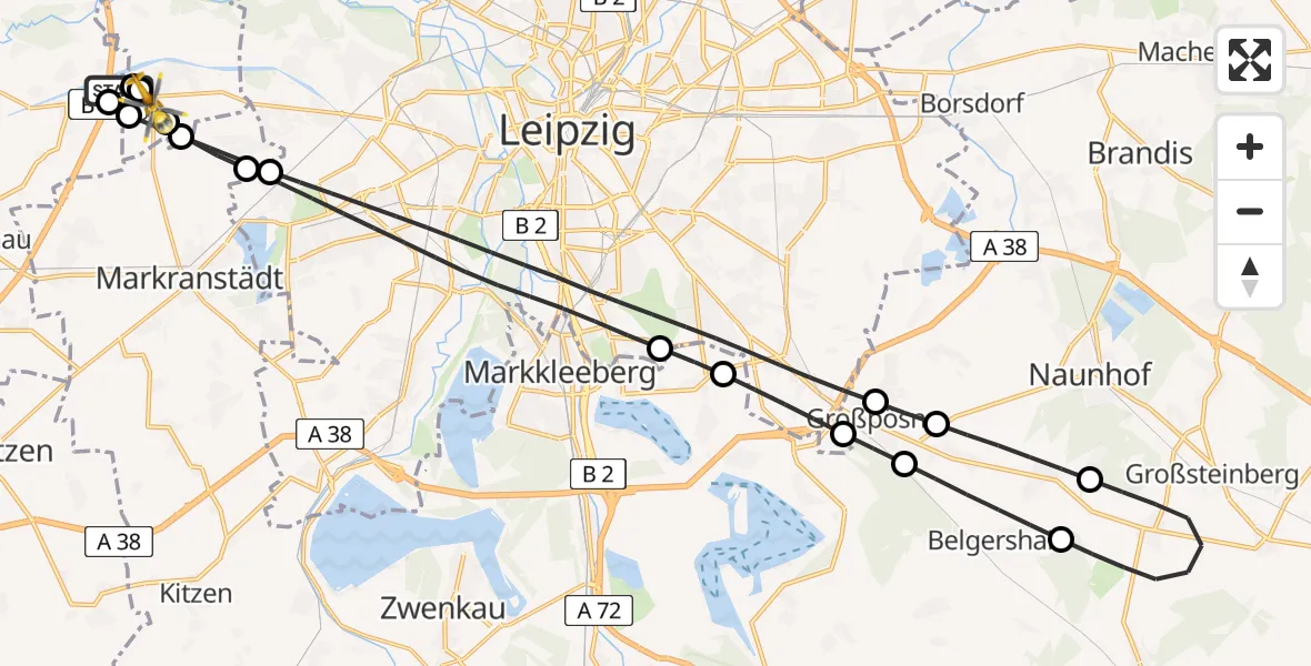 Flugroute Rettungshubschrauber ADAC Air Rescue Station Leipzig/Schkeuditz-Dölzig Hubschrauberlandeplatz (Christoph 61) - Schkeuditz, 20 Juni 2026, 11:35