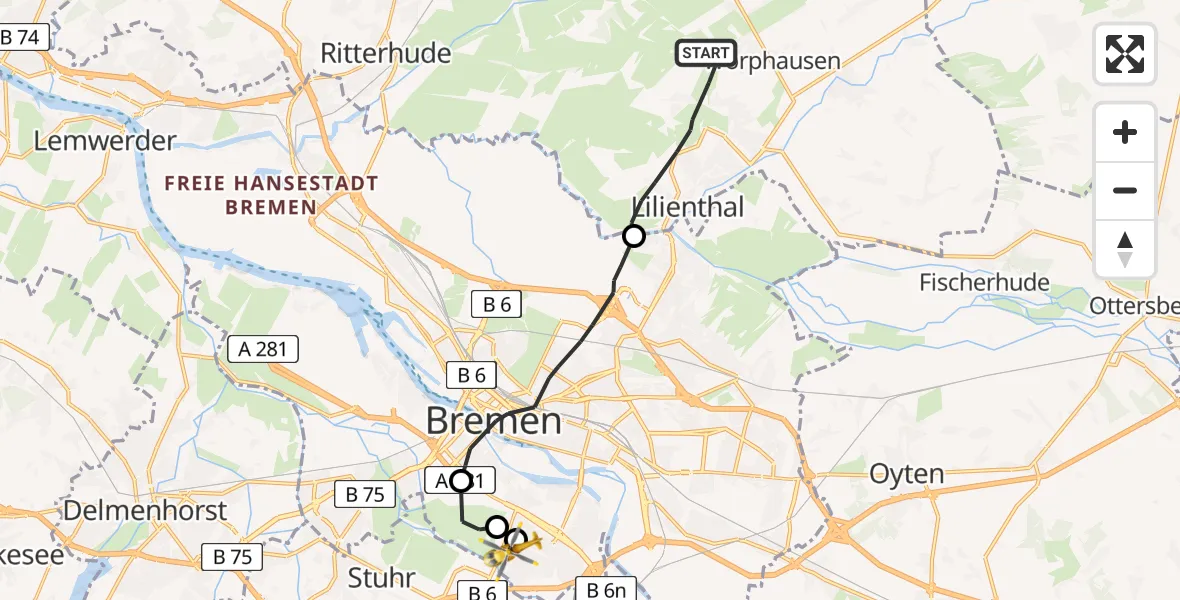 Flugroute Rettungshubschrauber Lilienthal - ADAC Air Rescue Station Bremen Hubschrauberlandeplatz (Christoph 6), 20 Juni 2026, 11:42