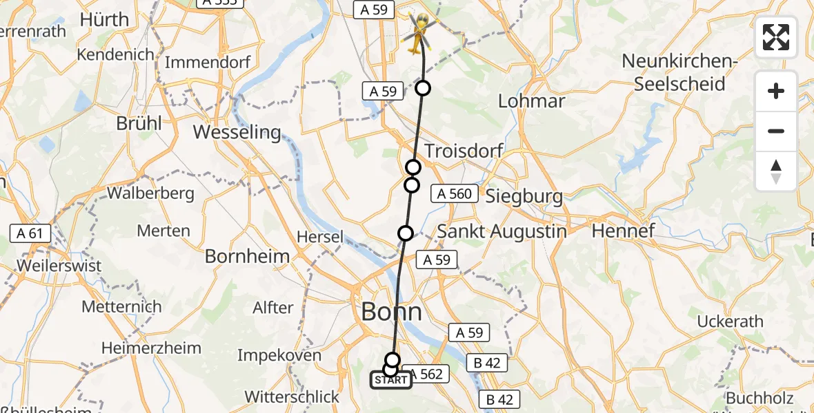 Flugroute Rettungshubschrauber Bonn University Hospital - Köln Bonn Flughafen, 20 Juni 2026, 11:46