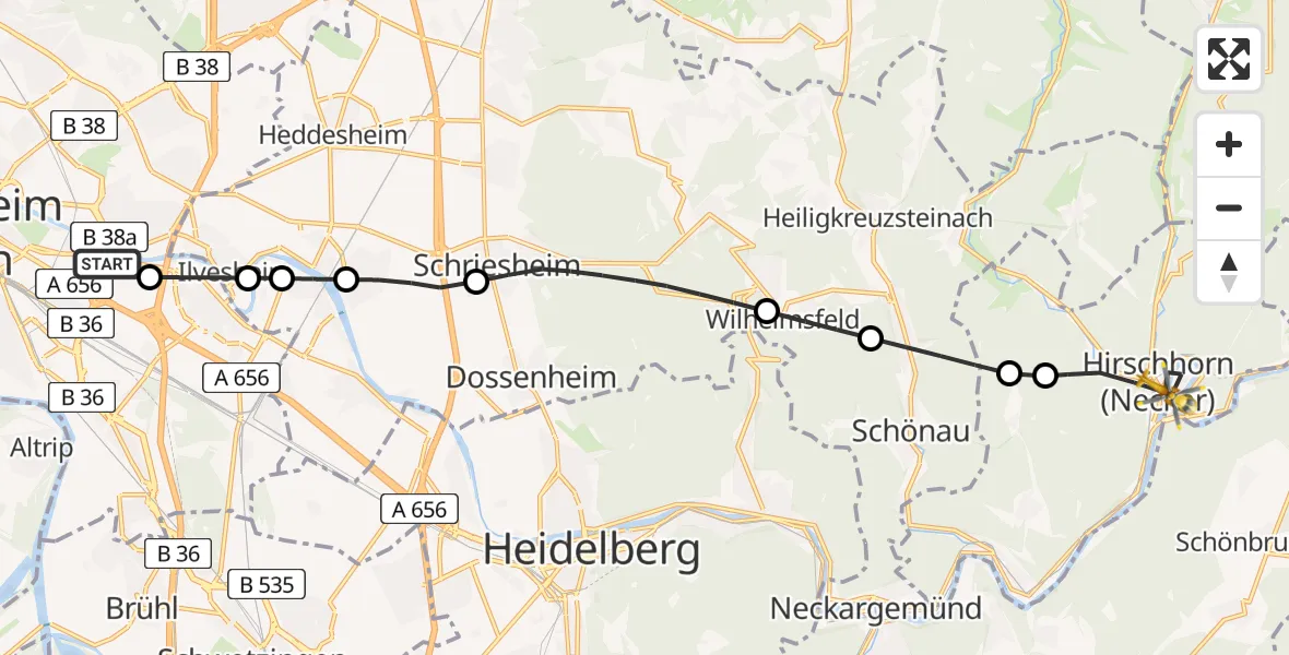 Flugroute Rettungshubschrauber Mannheim-City Flughafen - Hirschhorn (Neckar), 20 Juni 2026, 11:48