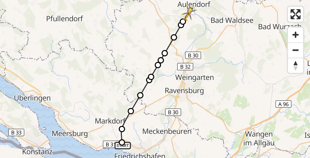 Flugroute Rettungshubschrauber Friedrichshafen Hospital - Aulendorf, 20 Juni 2026, 11:48