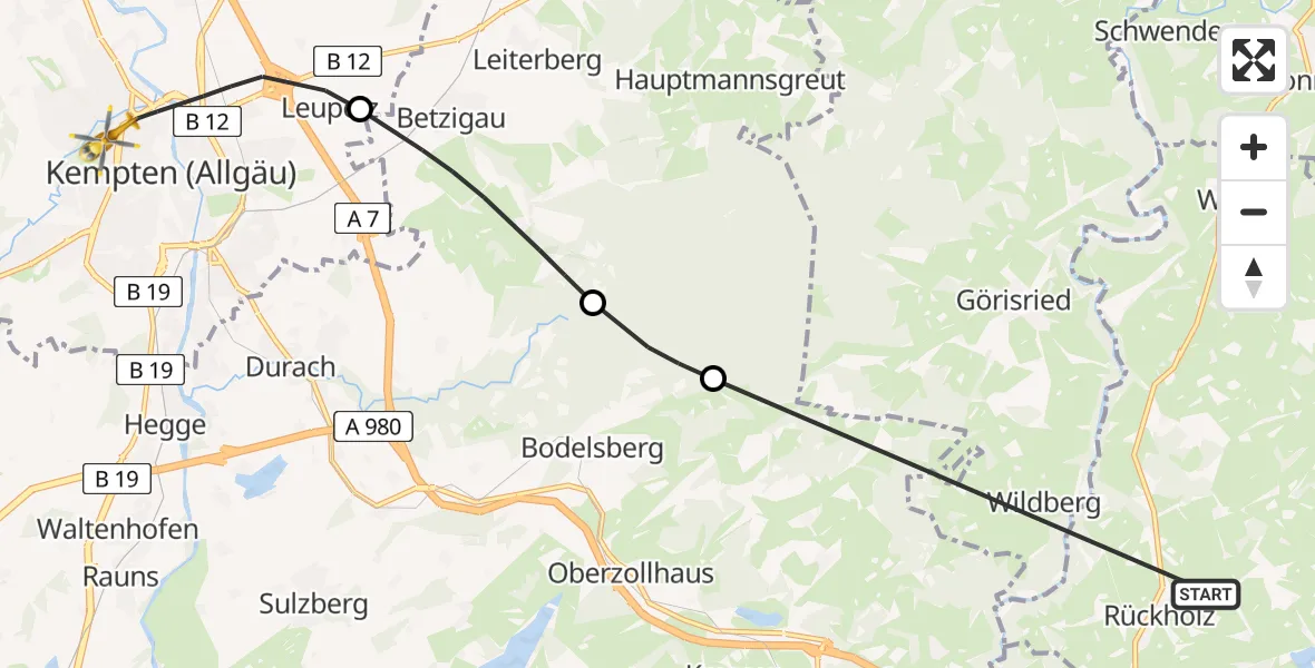 Flugroute Rettungshubschrauber Rückholz - Kempten (Allgäu), 20 Juni 2026, 11:56