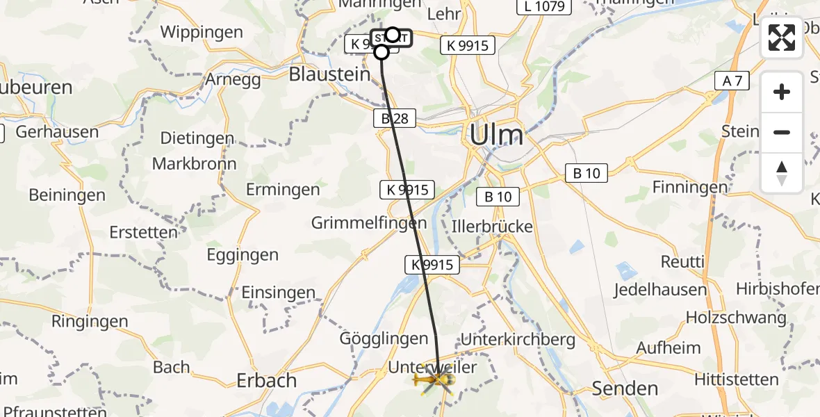 Flugroute Rettungshubschrauber Ulm Military Hospital Emergency - Ulm, 20 Juni 2026, 11:59