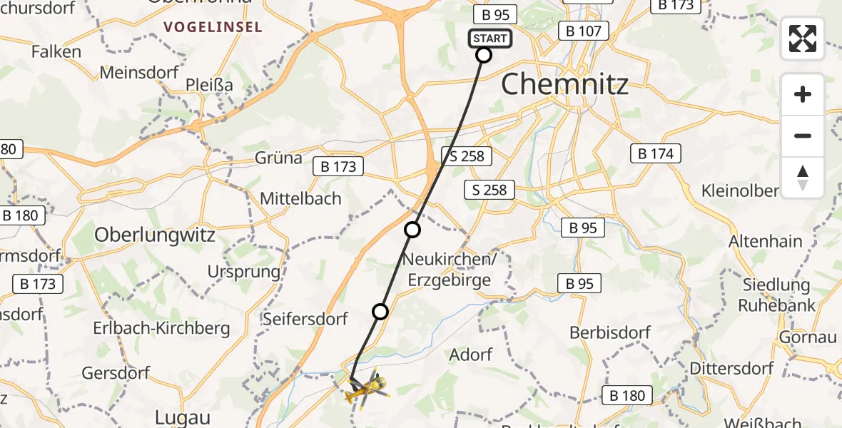 Flugroute Rettungshubschrauber Flemmingstraße Hospital Rooftop - Jahnsdorf/Erzgeb., 20 Juni 2026, 12:01