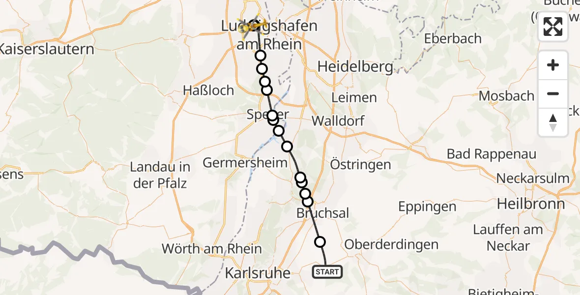 Flugroute Ambulanzhubschrauber Walzbachtal - Ludwigshafen Accident Hospital, 20 Juni 2026, 12:02