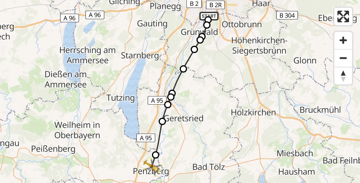 Flugroute Rettungshubschrauber ADAC Air Rescue Center Hubschrauberlandeplatz (Christoph 1) - Penzberg, 20 Juni 2026, 12:06