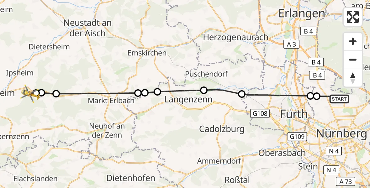 Flugroute Rettungshubschrauber Flughafen Nuremberg - Ipsheim, 20 Juni 2026, 12:08