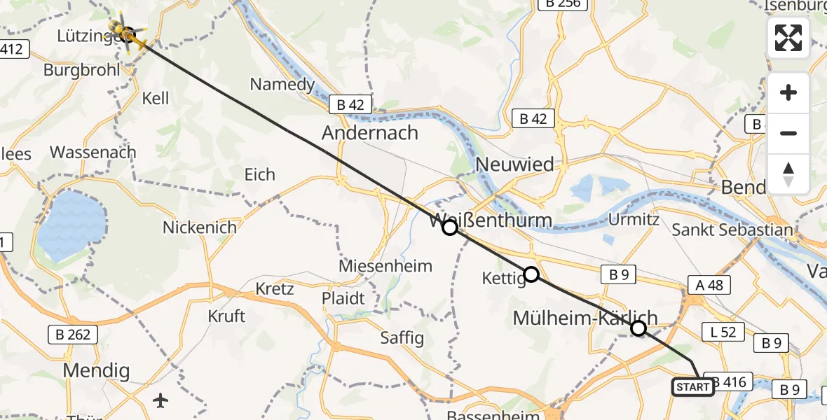 Flugroute Rettungshubschrauber Koblenz - Brohl-Lützing, 20 Juni 2026, 12:12