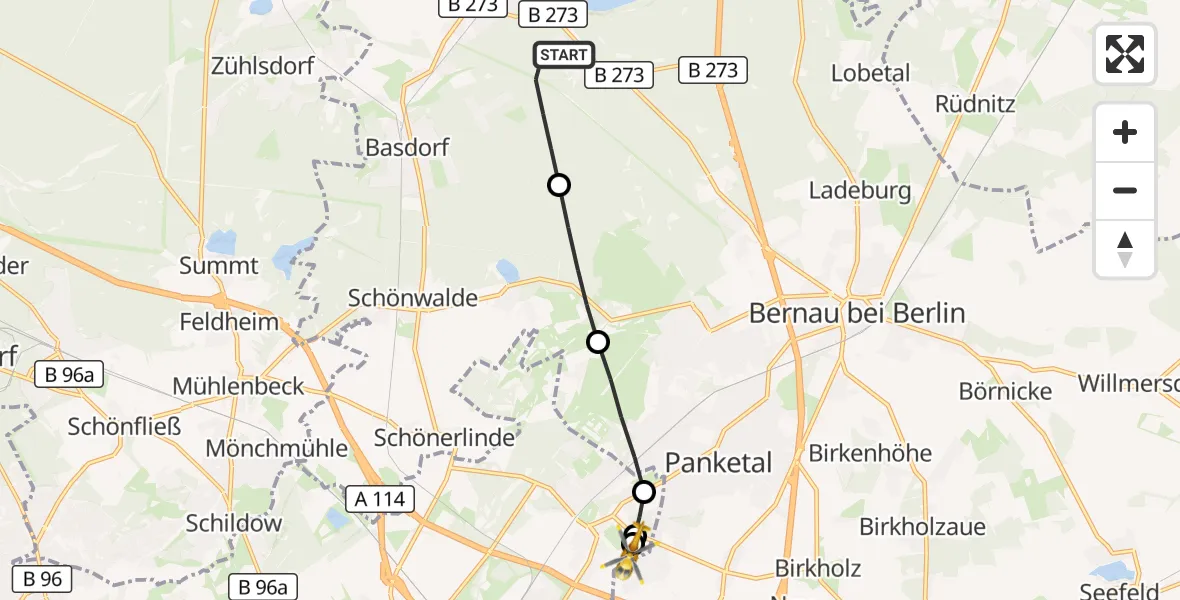Flugroute Rettungshubschrauber Bernau bei Berlin - Helios Clinic Berlin-Buch, 20 Juni 2026, 12:17