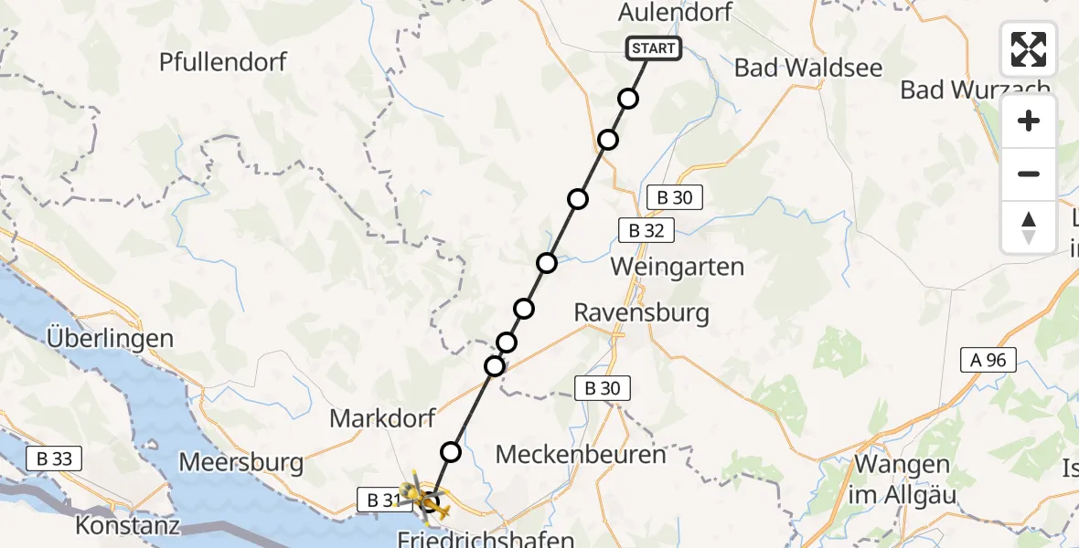 Flugroute Rettungshubschrauber Aulendorf - Friedrichshafen Hospital, 20 Juni 2026, 12:17