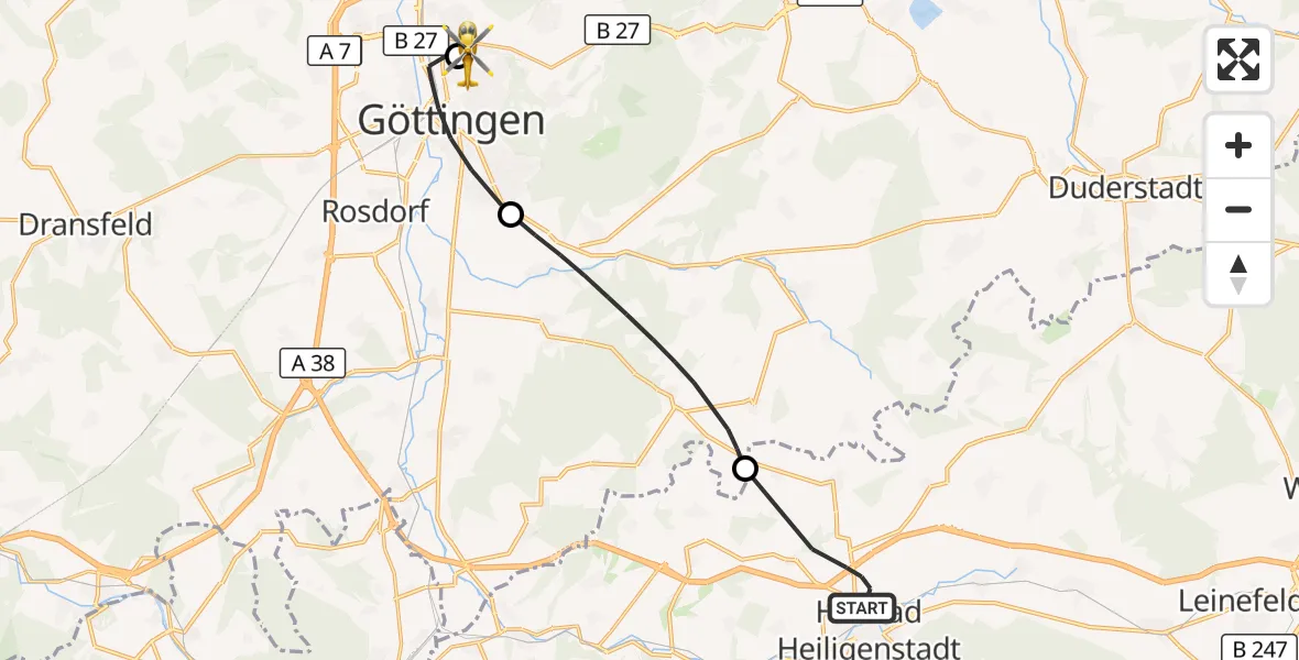 Flugroute Rettungshubschrauber Heilbad Heiligenstadt - Göttingen University Clinic Hubschrauberlandeplatz, 20 Juni 2026, 12:21