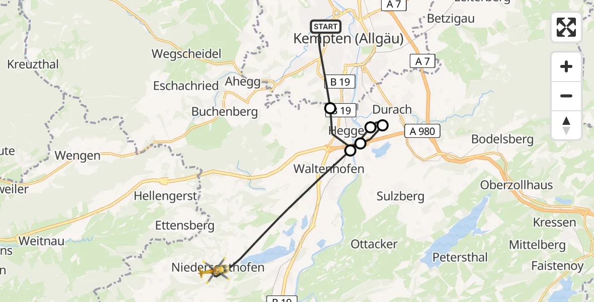 Flugroute Rettungshubschrauber Kempten (Allgäu) - Waltenhofen, 20 Juni 2026, 12:24