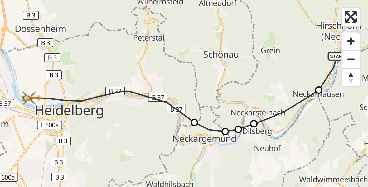 Flugroute Rettungshubschrauber Hirschhorn (Neckar) - Heidelberg, 20 Juni 2026, 12:25
