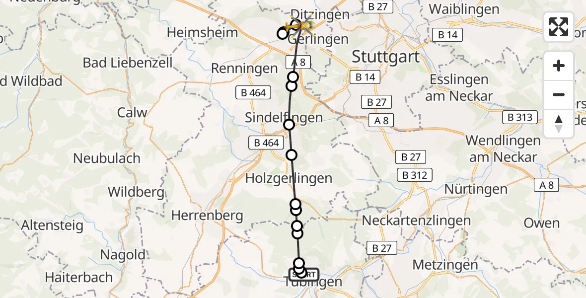 Flugroute Rettungshubschrauber Tübingen University Hospital - Leonberg, 20 Juni 2026, 12:27