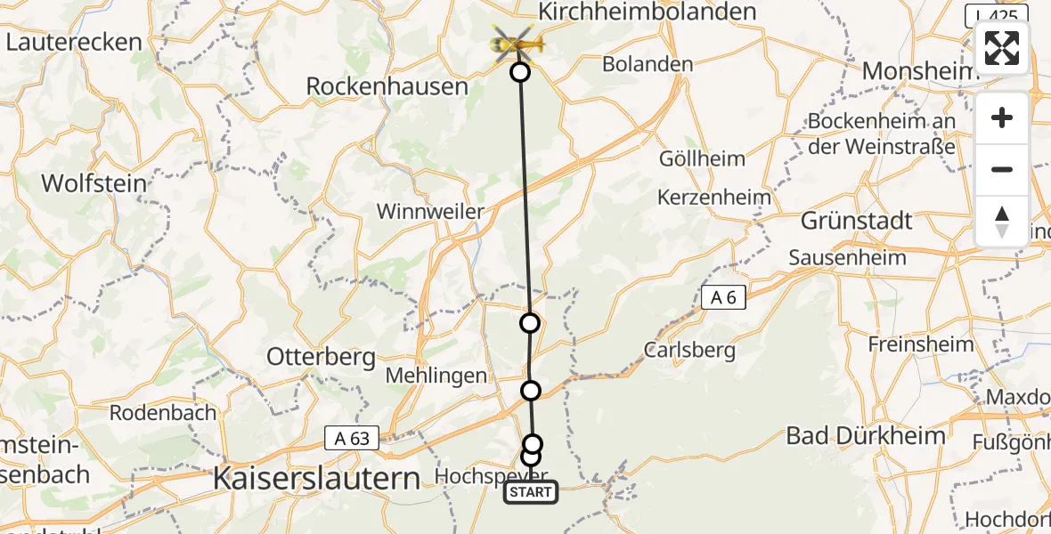 Flugroute Rettungshubschrauber Hochspeyer - Kirchheimbolanden, 20 Juni 2026, 12:30