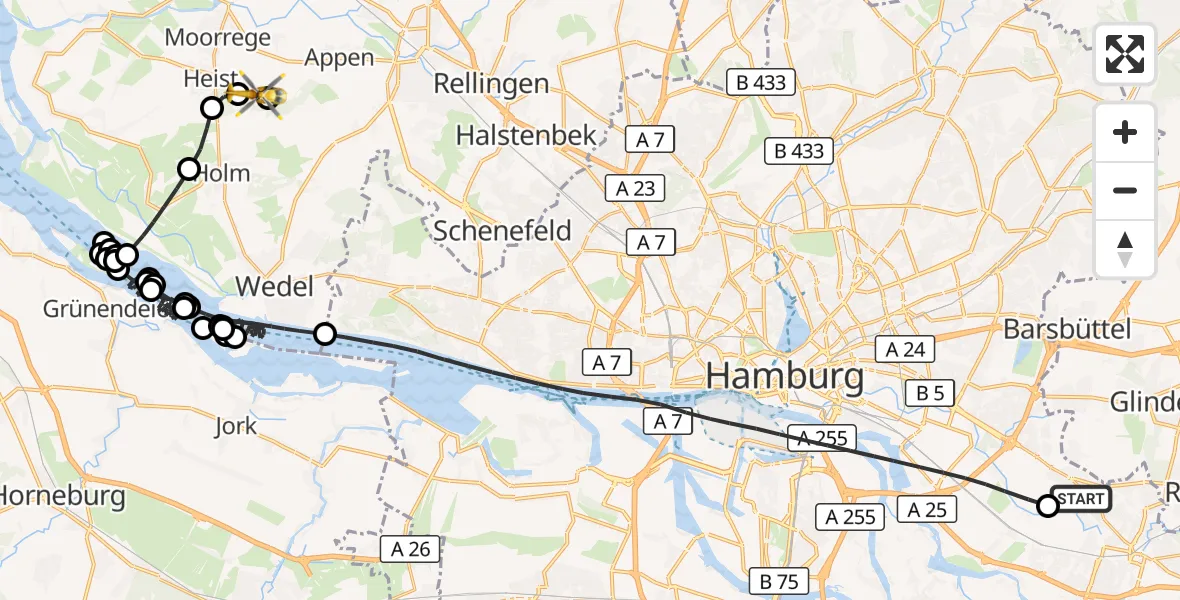 Flugroute Ambulanzhubschrauber Christoph Hansa ADAC Hubschrauberlandeplatz - Heist, 20 Juni 2026, 12:31