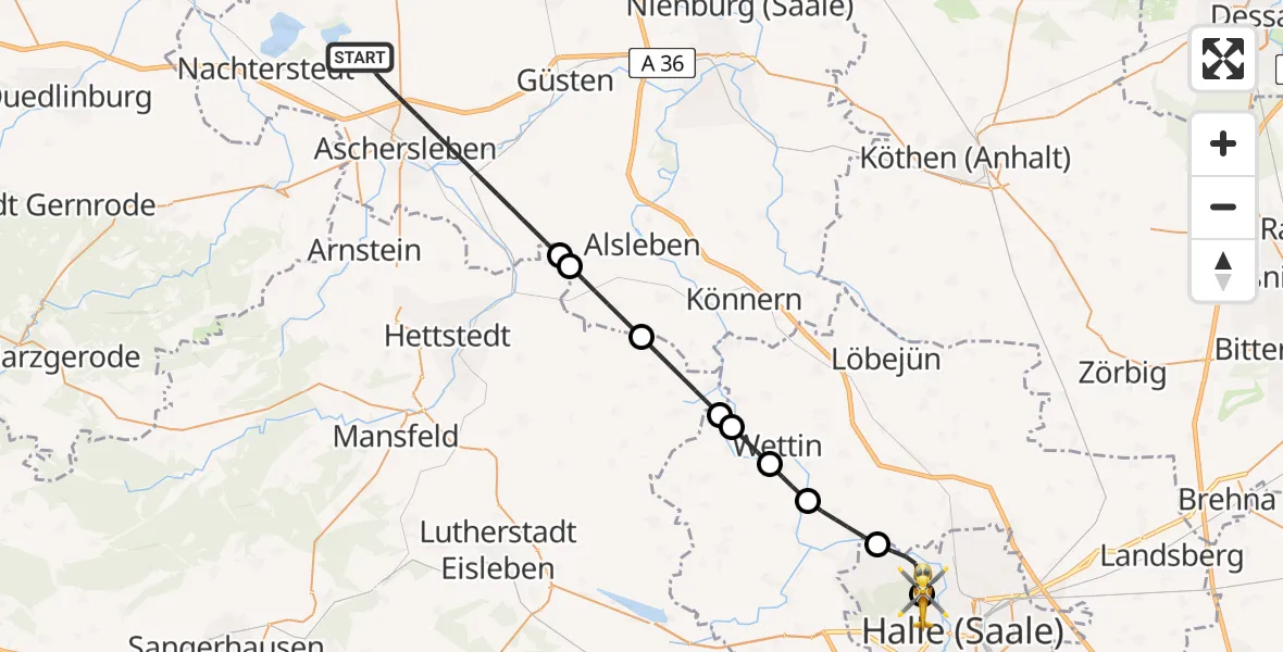 Flugroute Rettungshubschrauber Aschersleben - Halle (Saale) University Hospital, 20 Juni 2026, 12:38