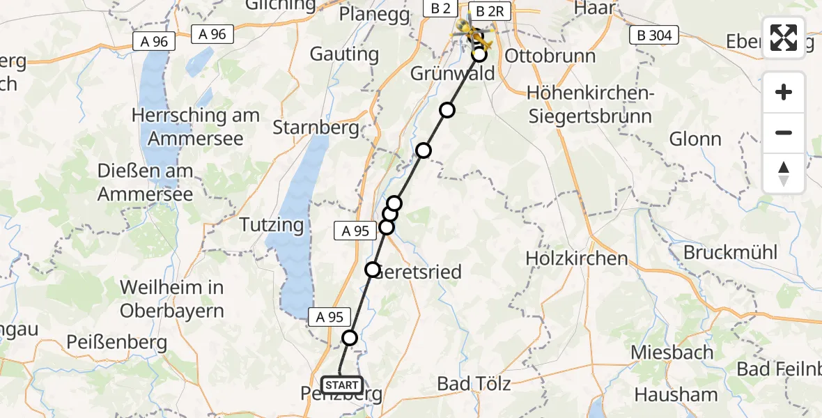 Flugroute Rettungshubschrauber Penzberg - ADAC Air Rescue Center Hubschrauberlandeplatz (Christoph 1), 20 Juni 2026, 12:42