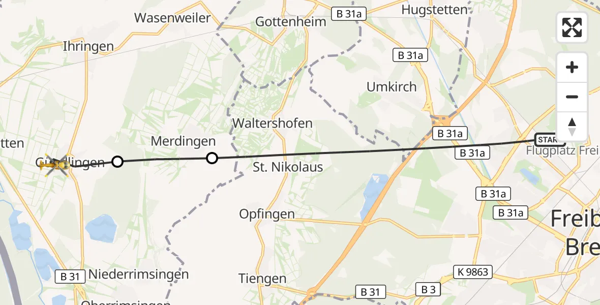 Flugroute Ambulanzhubschrauber Freiburg im Breisgau - Breisach am Rhein, 20 Juni 2026, 12:43