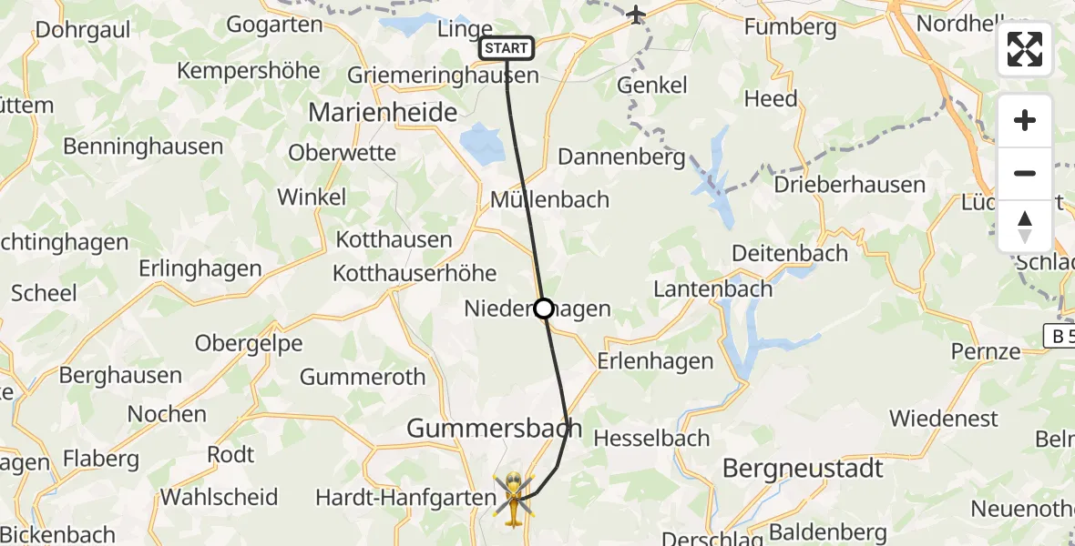 Flugroute Rettungshubschrauber Marienheide - Gummersbach, 20 Juni 2026, 12:49