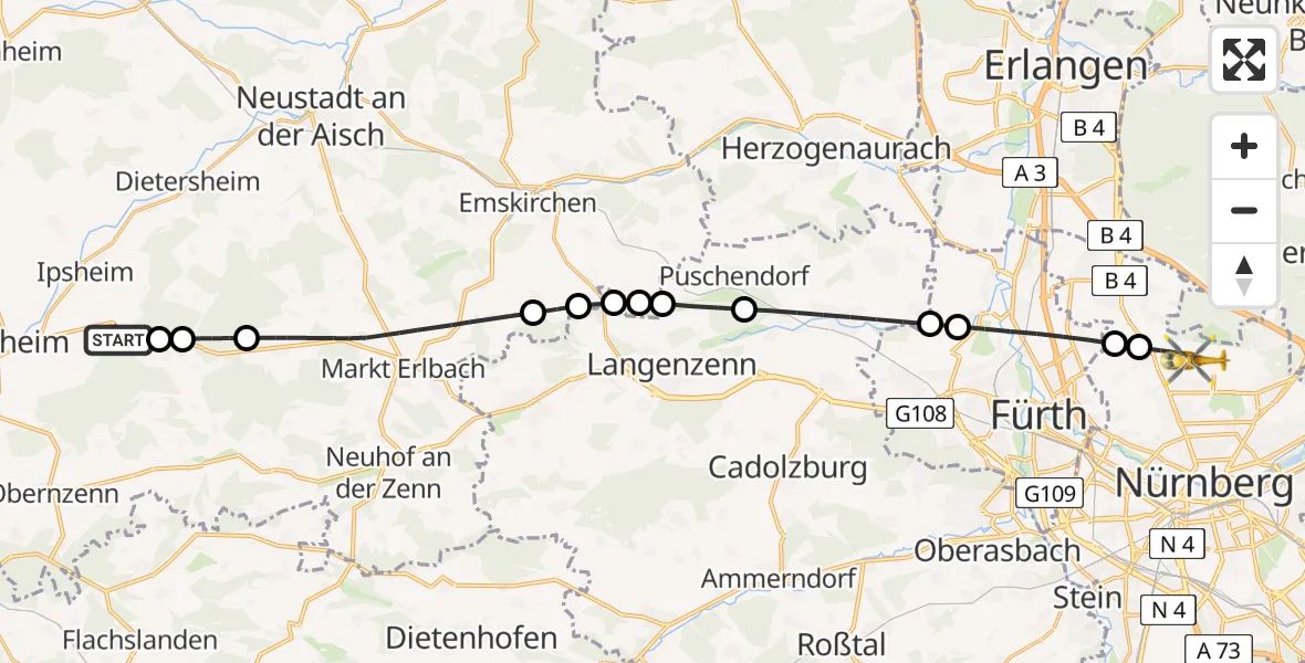 Flugroute Rettungshubschrauber Ipsheim - Flughafen Nuremberg, 20 Juni 2026, 12:55