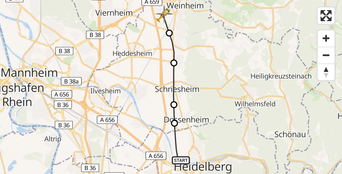 Flugroute Rettungshubschrauber Heidelberg - Weinheim, 20 Juni 2026, 12:57