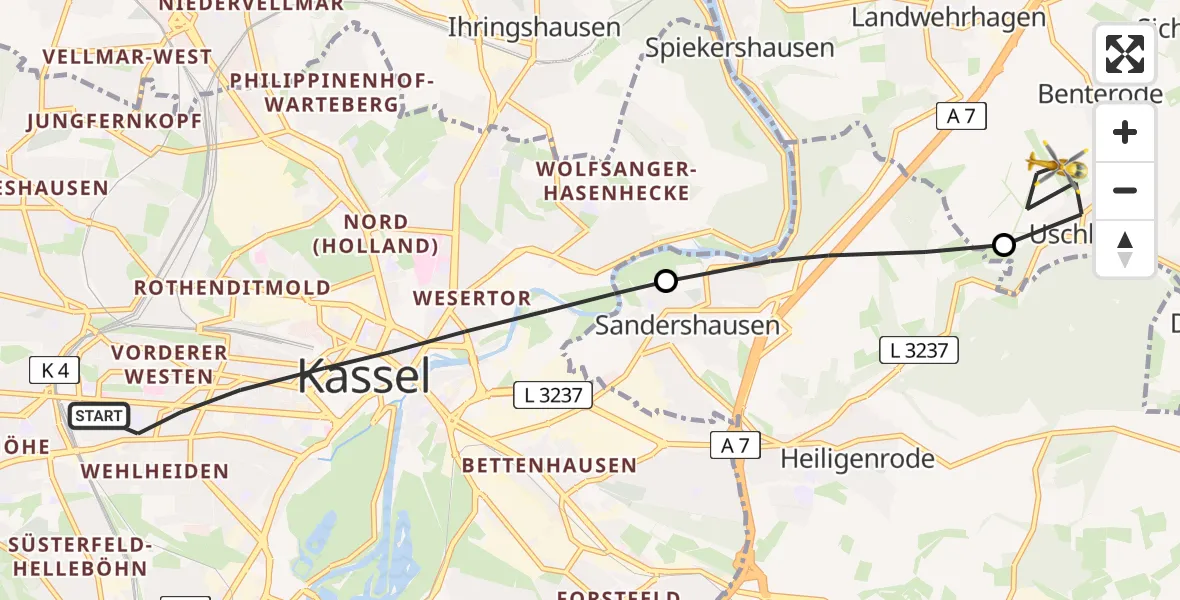Flugroute Rettungshubschrauber Kassel - Staufenberg, 20 Juni 2026, 12:58