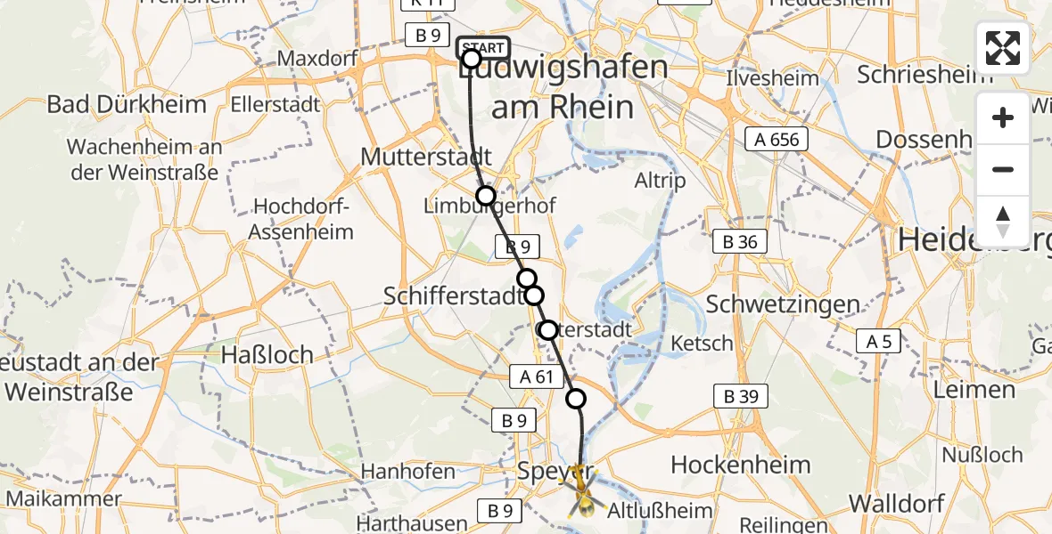 Flugroute Ambulanzhubschrauber Ludwigshafen Accident Hospital - Speyer Flugplatz, 20 Juni 2026, 13:01