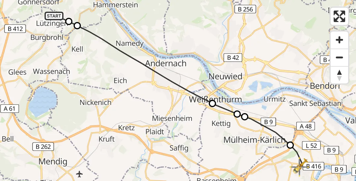 Flugroute Rettungshubschrauber Burgbrohl - Koblenz, 20 Juni 2026, 13:03