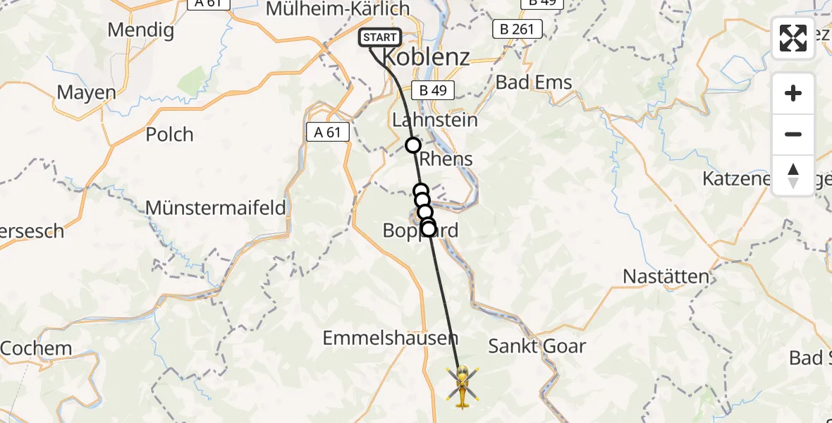 Flugroute Rettungshubschrauber Koblenz - Badenhard, 20 Juni 2026, 13:07