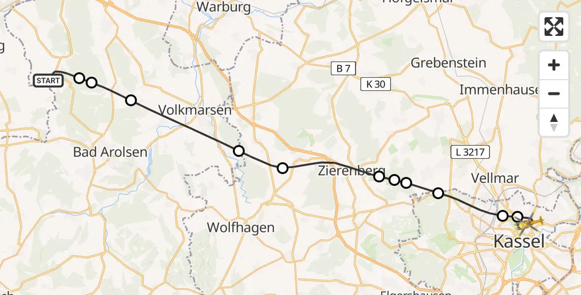 Flugroute Rettungshubschrauber Bad Arolsen - Kassel, 20 Juni 2026, 13:09