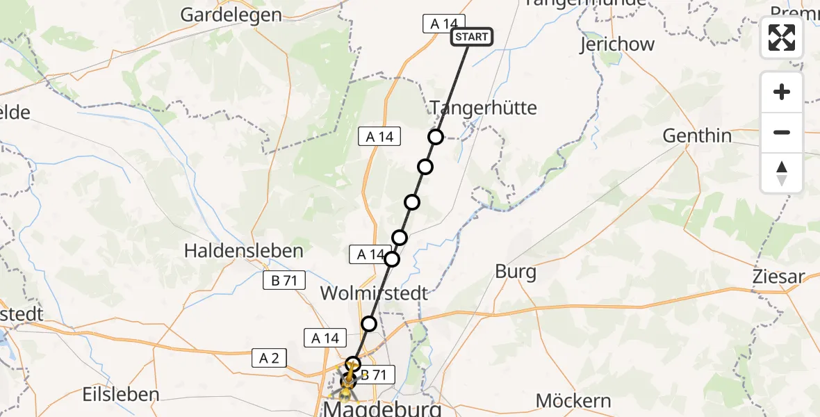 Flugroute Rettungshubschrauber Tangerhütte - Magdeburg Hospital, 20 Juni 2026, 13:10