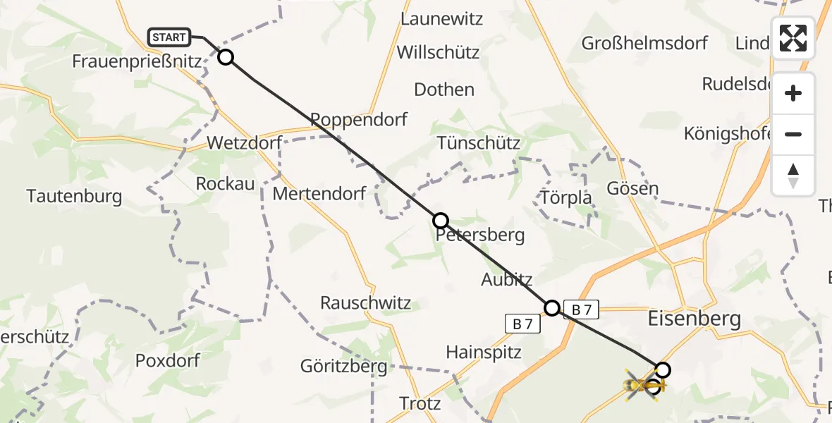 Flugroute Ambulanzhubschrauber Frauenprießnitz - Eisenberg Forest Rudolf Elle Hospital, 20 Juni 2026, 13:12