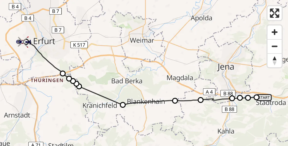 Flugroute Polizeihubschrauber Stadtroda - Erfurt-Weimar Flughafen, 20 Juni 2026, 13:15