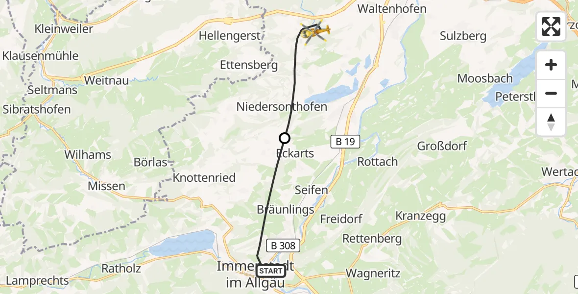 Flugroute Rettungshubschrauber Immenstadt i.Allgäu - Waltenhofen, 20 Juni 2026, 13:17