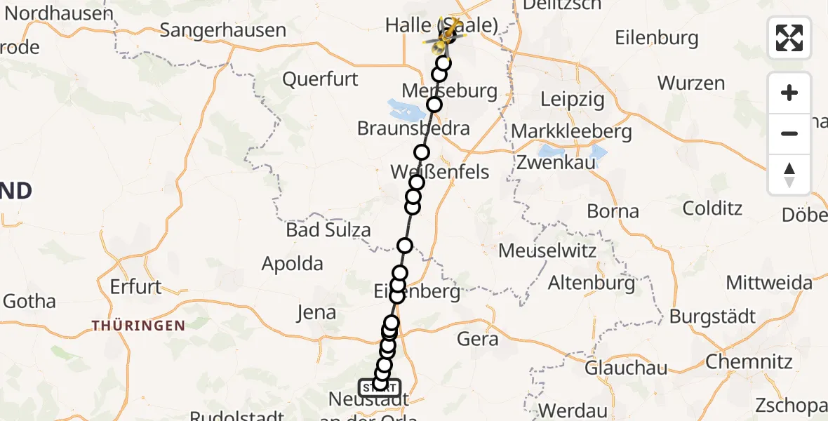 Flugroute Rettungshubschrauber Triptis - BG Hospital Bergmannstrost Halle, 20 Juni 2026, 13:17