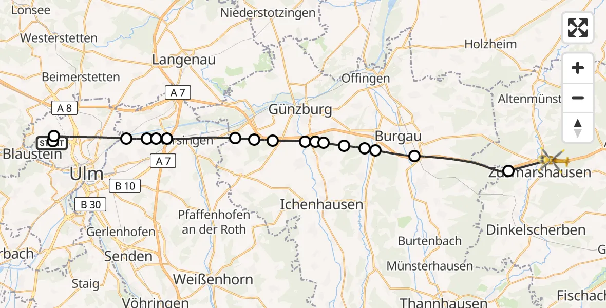 Flugroute Rettungshubschrauber Ulm Military Hospital Emergency - Zusmarshausen, 20 Juni 2026, 13:25
