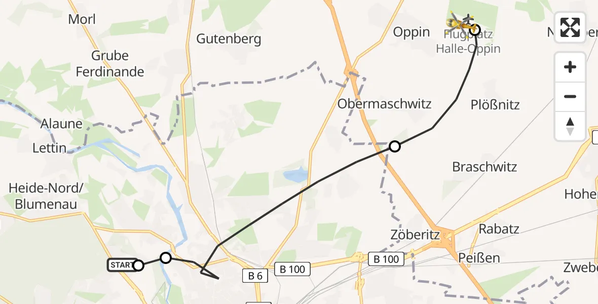Flugroute Rettungshubschrauber Halle (Saale) University Hospital - Halle-Oppin Flugplatz, 20 Juni 2026, 13:26
