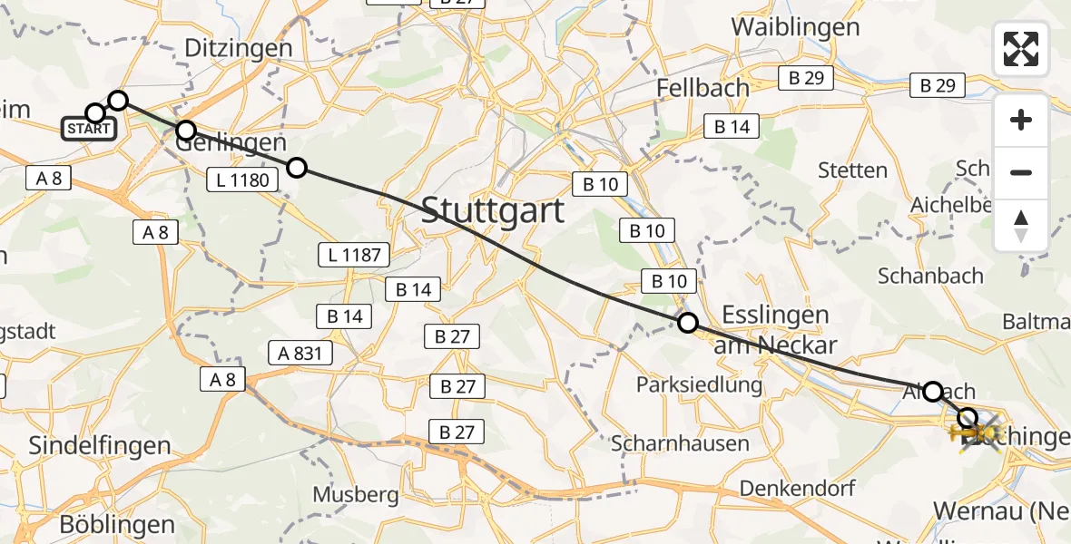 Flugroute Rettungshubschrauber Leonberg Hospital - Deizisau, 20 Juni 2026, 13:27