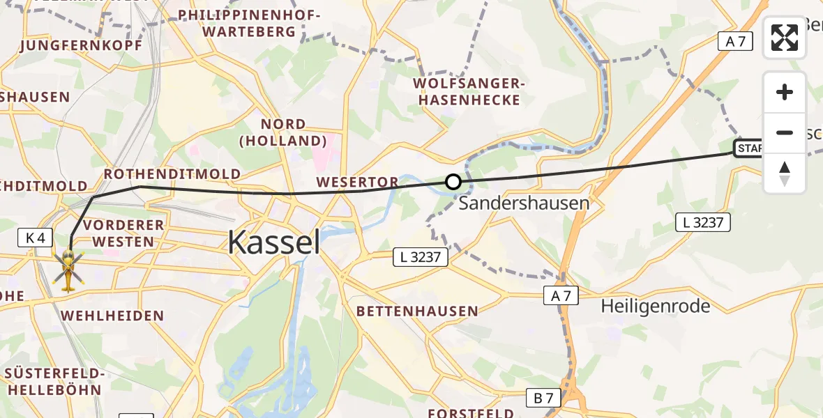 Flugroute Rettungshubschrauber Niestetal - Kassel, 20 Juni 2026, 13:28