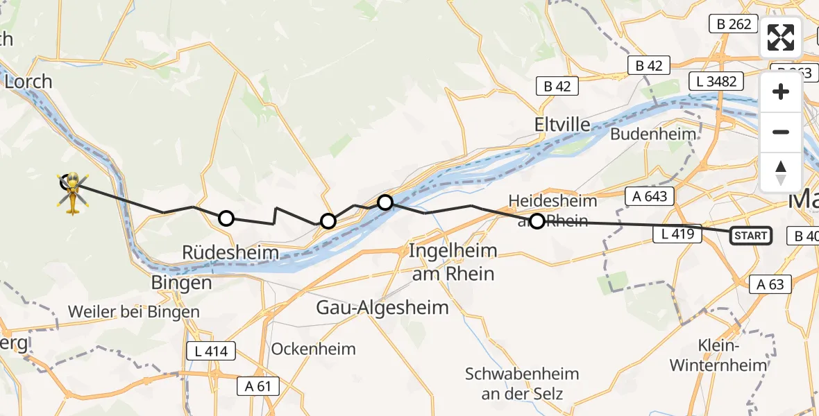 Flugroute Rettungshubschrauber Mainz - Trechtingshausen, 20 Juni 2026, 13:30