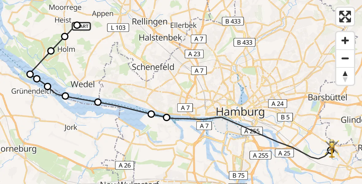 Flugroute Ambulanzhubschrauber Uetersen-Heist Flugplatz - Christoph Hansa ADAC Hubschrauberlandeplatz, 20 Juni 2026, 13:32