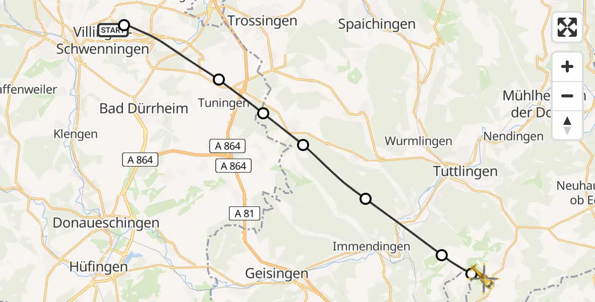 Flugroute Ambulanzhubschrauber DRF Air Rescue Station Villingen-Schwenningen Hubschrauberlandeplatz (Christoph 11) - Emmingen-Liptingen, 20 Juni 2026, 13:33