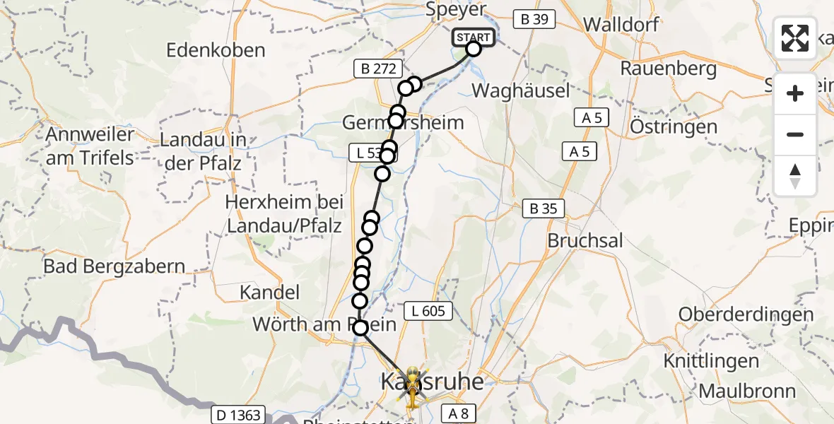 Flugroute Ambulanzhubschrauber Speyer - Sankt Vincentius Hospital, 20 Juni 2026, 13:34