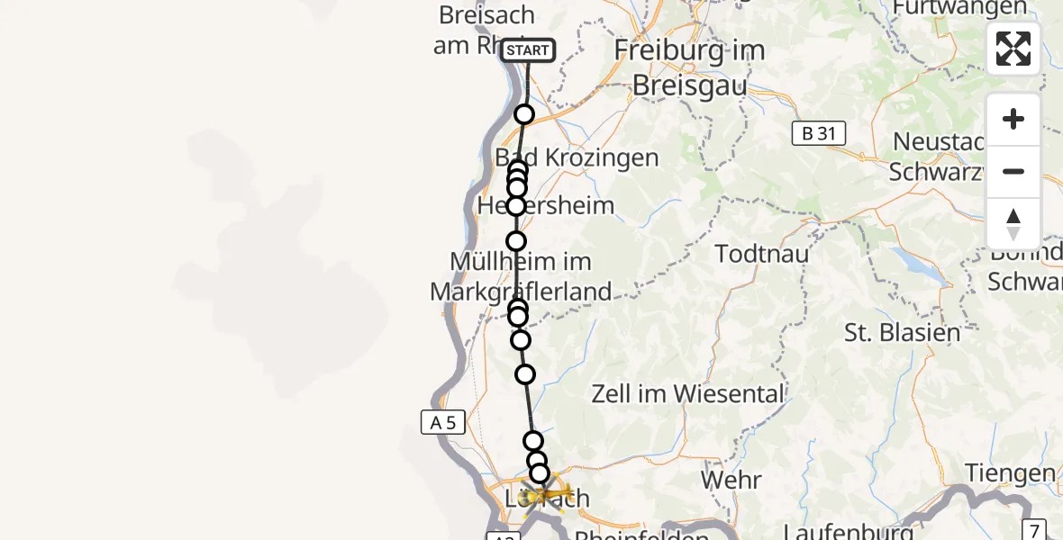Flugroute Ambulanzhubschrauber Breisach am Rhein - Lörrach, 20 Juni 2026, 13:36