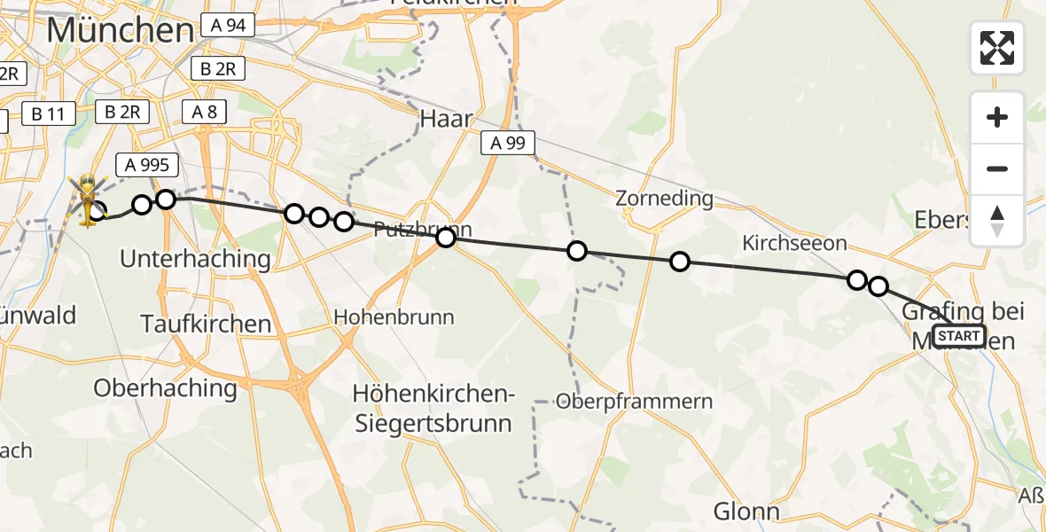 Flugroute Rettungshubschrauber Grafing b.München - ADAC Air Rescue Center Hubschrauberlandeplatz (Christoph 1), 20 Juni 2026, 13:37