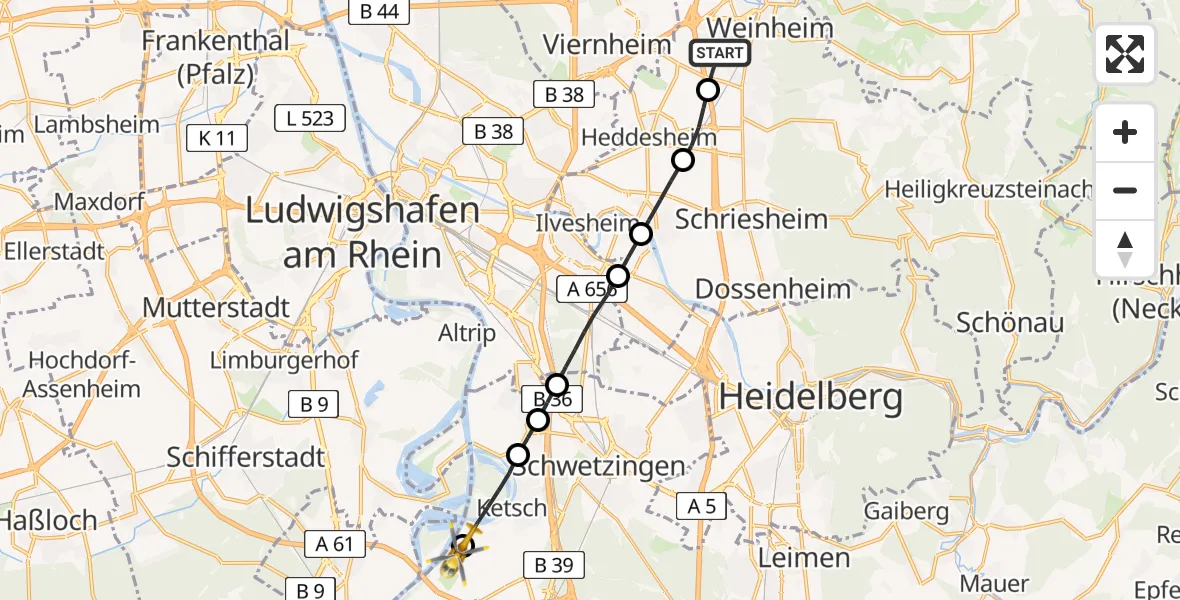 Flugroute Rettungshubschrauber Weinheim - Hockenheim, 20 Juni 2026, 13:37