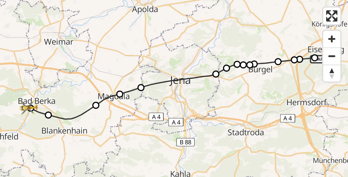 Flugroute Ambulanzhubschrauber Eisenberg Forest Rudolf Elle Hospital - Bad Berka Central Hospital, 20 Juni 2026, 13:40