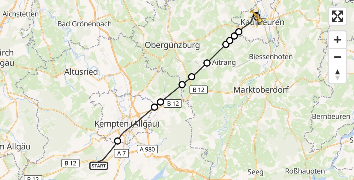 Flugroute Rettungshubschrauber Waltenhofen - Ostallgäu-Kaufbeuren Hospital, 20 Juni 2026, 13:41