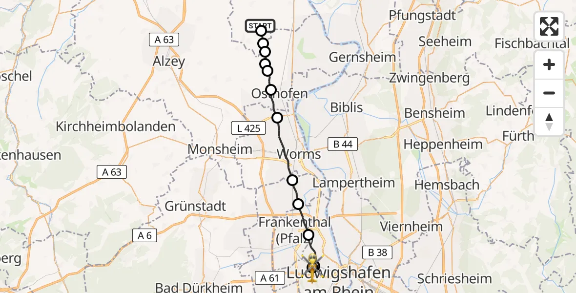 Flugroute Rettungshubschrauber Eimsheim - Ludwigshafen Accident Hospital, 20 Juni 2026, 13:51